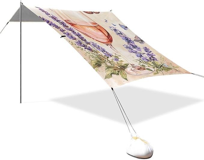 ALAZA Vintage Glass of Rose Wine Lavender Flowers Butterflies Beach Tent Sun Shelter Portable Canopy Sunshade for Outdoor Camping Picnics Backyard Fun 10x9 ft