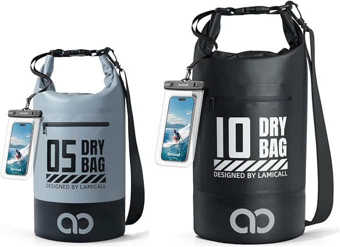 Lamicall 5L &amp 10L Dry Bag Waterproof Backpack - [Zippered Pocket] Roll Top Waterproof Bag Blueish Gray &amp Black