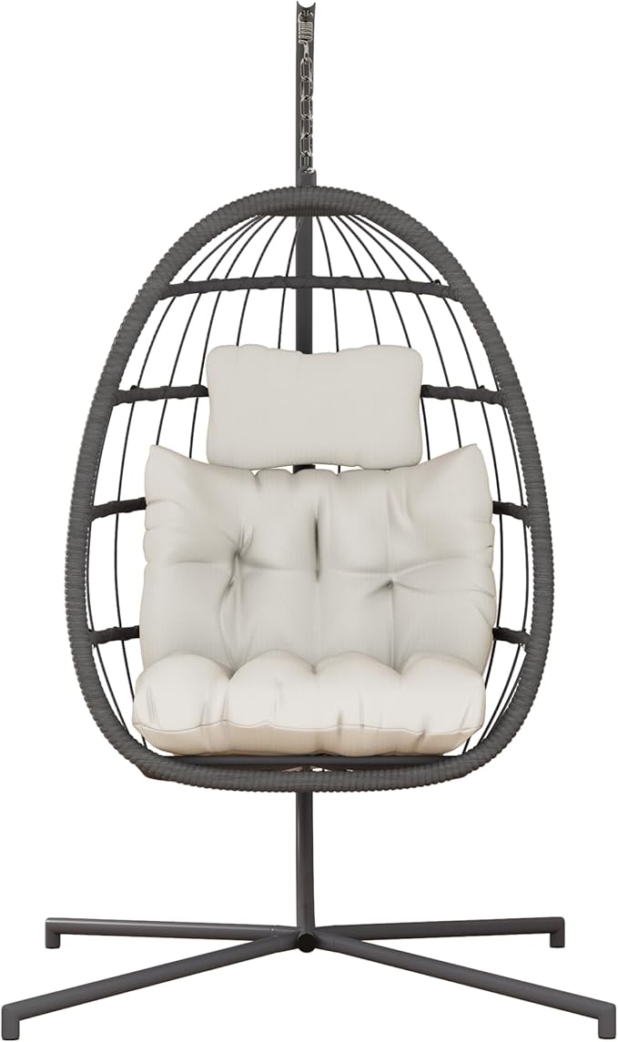 HWB Hanging Egg Chair with Stand Patio Wicker Egg Swing Chair with Cushion for Bedroom Garden Indoor Outdoor (Beige)