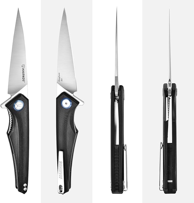 Harnds Qingluan Folding Knife with Pocket Clip D2 Steel Blade 3.54'' and G10 Handle Outdoor Adventure knife EDC Camping Knife (Black)