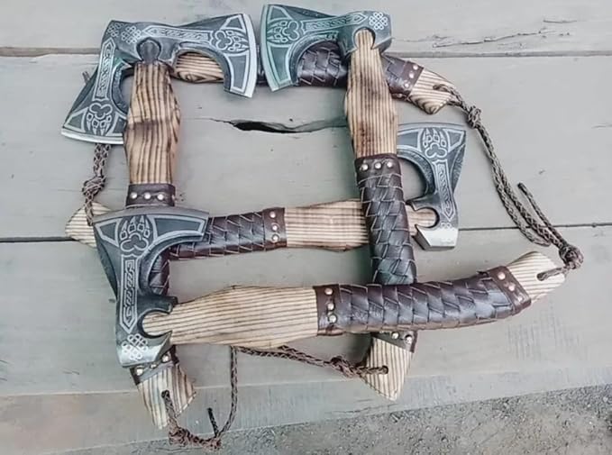 Generic Set of 5 Hunting Axe Handmade Carbon Steel Viking Axe with Leather Sheath Hatchet Custom Bearded Axe Battle Ready Axe by Empire Industry Gray