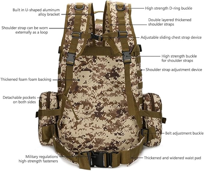 Tactical Backpack Military Army Rucksack 60L Large Assault Pack Detachable Molle Bag (Black)