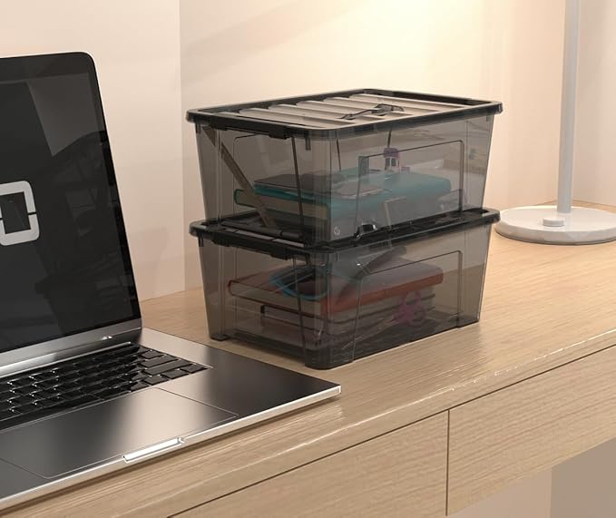9-Pack Plastic Storage Bins with Lids 6 Quart Stackable Organization Containers with Latch Buckle.Clear Black