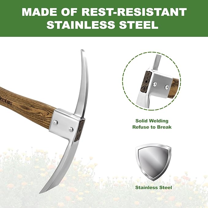 Haliaeetus Pick Axe Stainless Steel Mattock with Sharp Pick and Cutting Edge for Breaking up Heavy Clay Soil and Removal of Difficult Weeds Garden Pick with Wood Handle for Digging Loosening Soil