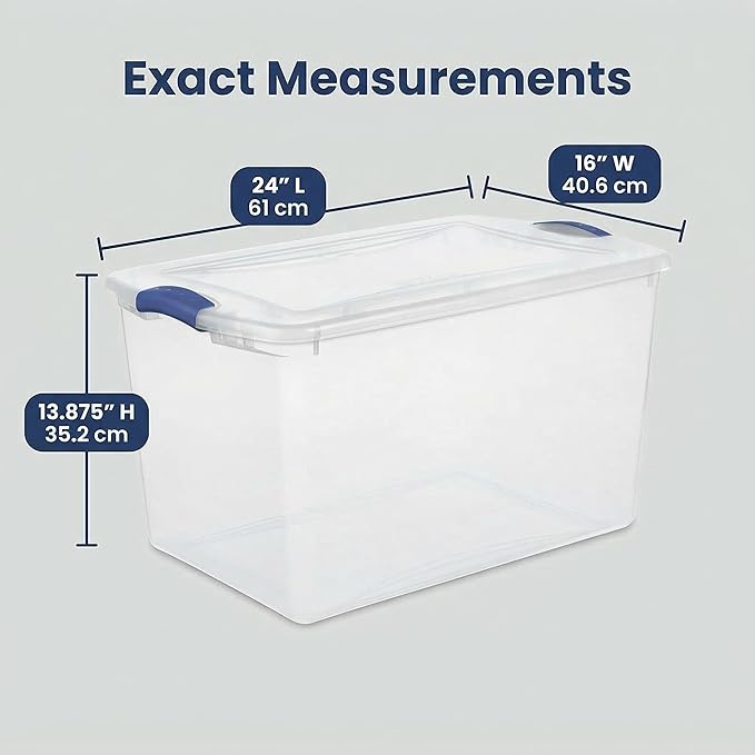 4 Pack 66 Quart (16.5 Gallon) Clear Plastic Storage Bins with Blue Latching Lids Heavy Duty Stackable Organizer Containers for Closet Garage Bedroom Office Home Organization