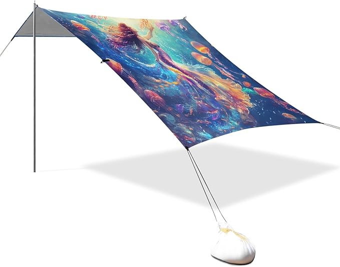 ALAZA Mermaid Jellyfish Beach Tent Sun Shelter UPF50+ Protection Beach Shade Canopy w/ 4 Sandbags for Outdoor Camping Fishing Backyard Fun Picnic 10x9 ft
