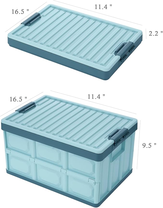 Blue Folding Plastic Stackable Utility Crates 2-Pack Collapsible Storage Bins with Lids 30L Durable Containers for Home &amp Garage Organization