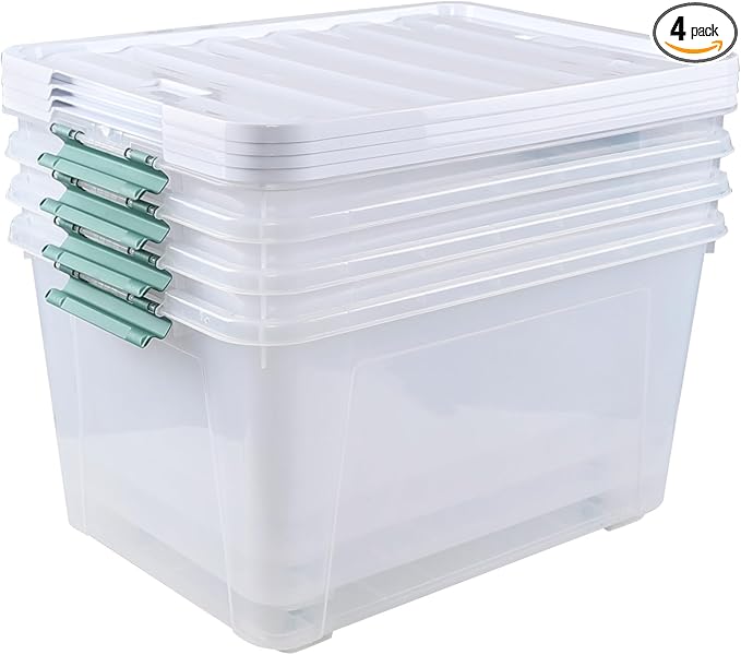 85 Quart Plastic Storage Bins with Wheels Large Clear Latching Storage Box 4 Pack