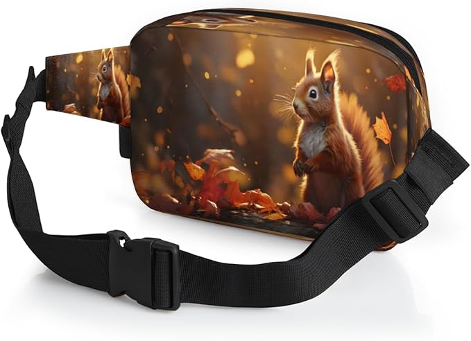 Cute Squirrel Leaves Waterproof Fanny Pack for Women Men Adjustable Waist Bag with Double Zipper Pockets Lightweight Square Hip Pack for Running Travel Hiking Workout Cycling