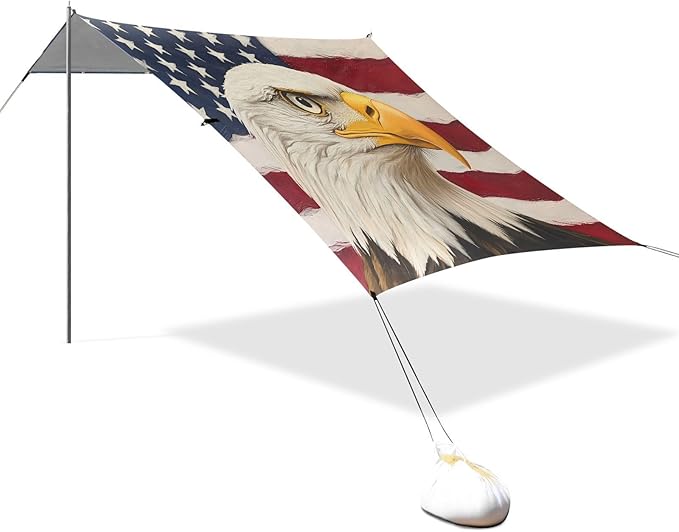 ALAZA Bald Eagle USA Flag Beach Tent Sun Shelter UPF50+ Protection Beach Shade Canopy w/ 4 Sandbags for Outdoor Camping Fishing Backyard Fun Picnic 10x9 ft