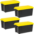 IRIS USA WeatherPro 21 Gallon Lockable Storage Bins with Lids 4 Pack - Made in USA Heavy Duty Stackable Containers Garage Organizing Tubs Rugged Sturdy Equipment Utility Box - Black/Yellow