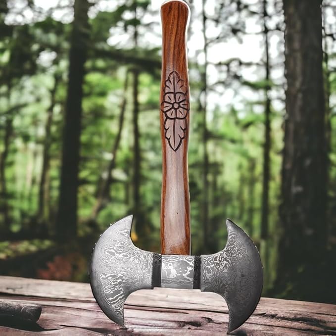 19.5 inches Length || Handmade Damascus Steel Axe || Viking Axe || Double Headed Axe || Authentic Design || Ergonomic Handle || Leather Sheath || Collectible Piece.