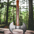 19.5 inches Length || Handmade Damascus Steel Axe || Viking Axe || Double Headed Axe || Authentic Design || Ergonomic Handle || Leather Sheath || Collectible Piece.