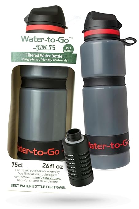 Water-to-Go Water Filter Bottle for International Travel - 24oz/75cl Filtered Water Bottle for Portable Purification - Eco-Friendly Bioplastic New Leak-Proof Lid Filters Viruses Most Bottles Miss