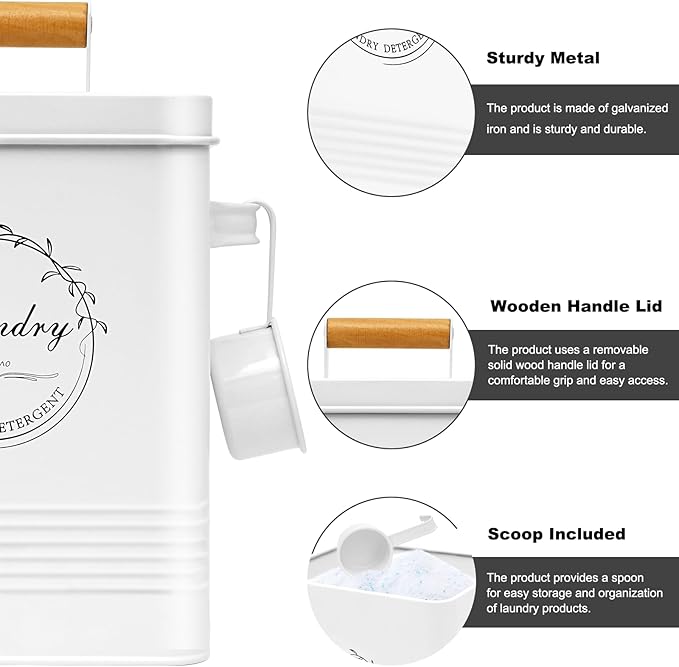 Laundry Detergent Container for Laundry Room Organization and Storage Modern Farmhouse Metal Laundry Decor Scent Boosters Beads Dispenser With Lid and Hand Scoop Pods Holder Bin White