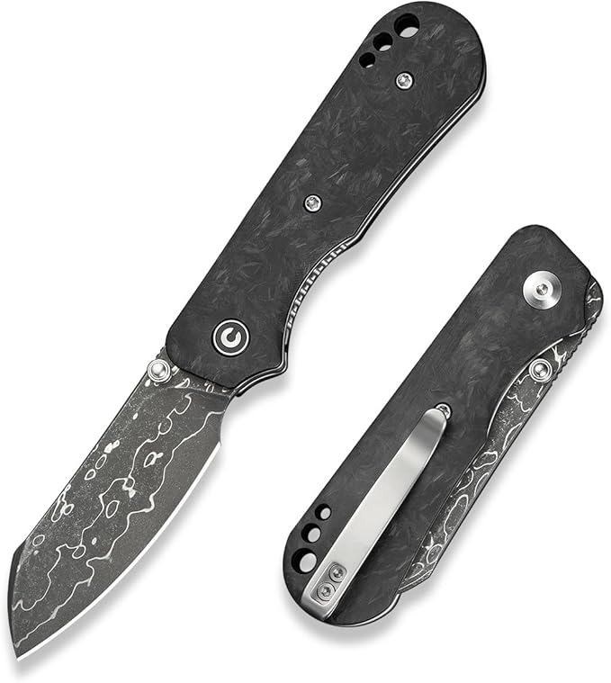 CIVIVI Crabby Pocket Knife EDC Folding Knife for Men Women with Damascus Blade Contoured Shredded Carbon Fiber Handle Designed by Ken Onion Jr. C24055-DS1