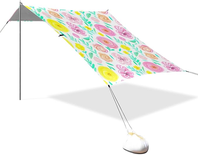 Beach Canopy with Windproof Ropes &amp Sandbags Beach Tent Sun Shade Sun Shelter for Camping Trips Fishing Backyard Fun or Picnics Flowers