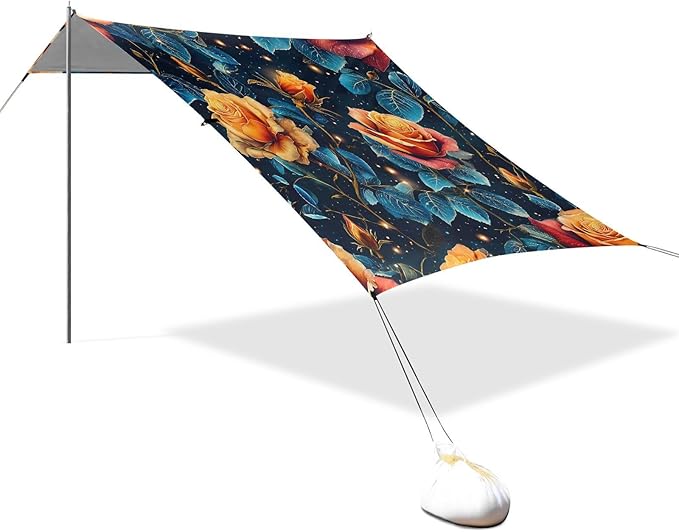 ALAZA Dreamy Rose Flower Beach Tent Sun Shelter UPF50+ Protection Beach Shade Canopy w/ 4 Sandbags for Outdoor Camping Fishing Backyard Fun Picnic 10x9 ft