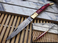 Laguiole Folding Damascus steel knife 8.6 Long with 4.1 hand forged custom twist pattern Blade. 2 Tone Green wood scale with brass bolster. Cow hide leather sheath included (Red)