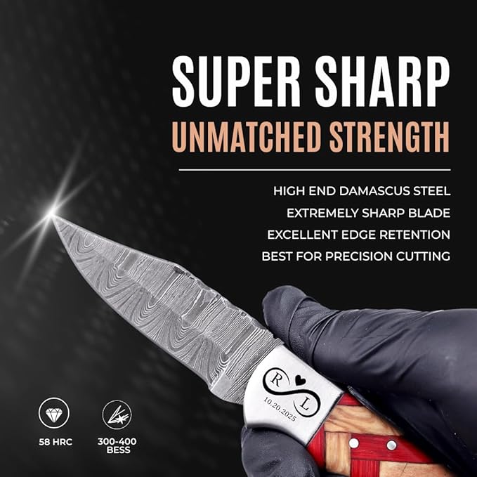 Custom Pocket Knife gifts for Men Personalized Damascus Folding Knife Engraved Gifts for Him Dad Boyfriend Husband Anniversary Groomsmen Gifts. Custom Knife for Camping Hunting Everyday Carry (