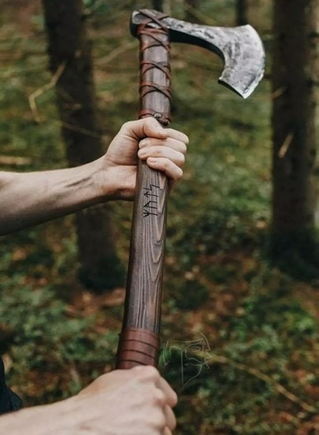 Two Handed 38 Inch Long Custom Hand Forged Carbon Steel Medieval Axe Forged Axe Leather Engraving On Handle Hatchet with Leather Sheath Best for Hunting Camping Wood Cutting Gift for Him