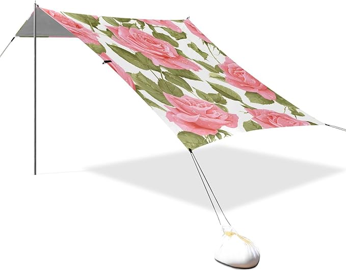ALAZA Pink Rose Flower Beach Tent Sun Shelter UPF50+ Protection Beach Shade Canopy w/ 4 Sandbags for Outdoor Camping Fishing Backyard Fun Picnic 10x9 ft