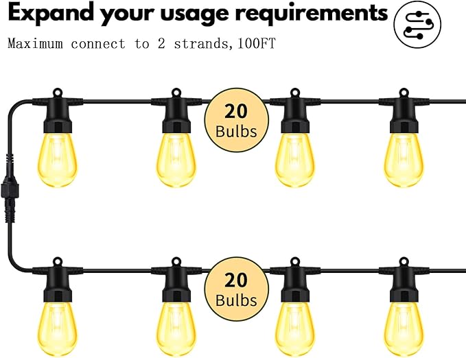 50ft Outdoor String Lights Color Changing - Patio Lights Outdoor Waterproof with 20 Dimmable RGBW Bulbs Shatterproof Music Mode Connectable Remote &amp App Control for Halloween Christmas