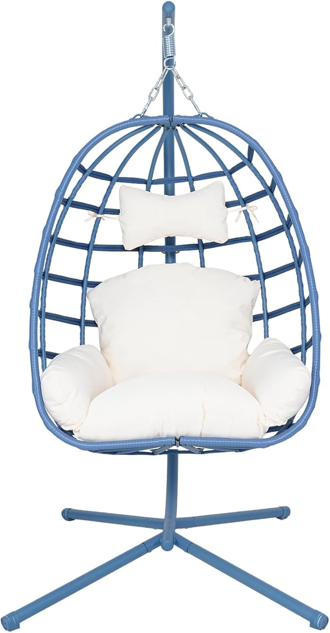 Hanging Egg Chair with Stand Outdoor Indoor Patio Rattan Swing Hammock Chairs with Washable Cushion 350lbs Capacity PE Wicker Swing Chair for Backyard Bedroom Garden (Blue + White Cushion)
