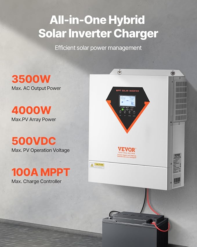 VEVOR Hybrid Solar Inverter 3500W Single Phase Pure Sine Wave Power Inverter 24V DC to 220/230V AC with Built-in 100A MPPT Solar Charge Controller for Off-Grid System Lead Acid Lithium Battery