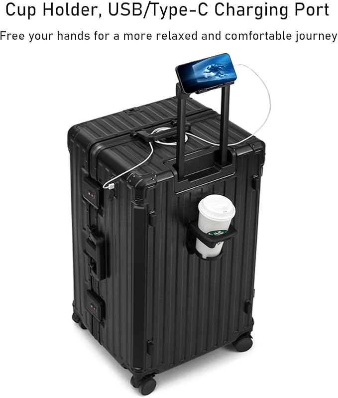 LEOVEN Hardside Luggage LS-0683 PC Hard Shell Suitcase with Cup Holder USB Type-C 3:7 Ratio Large Capacity Aluminium Frame TSA Customs Lock 360° Double Wheels with Brake and Shock Absorber