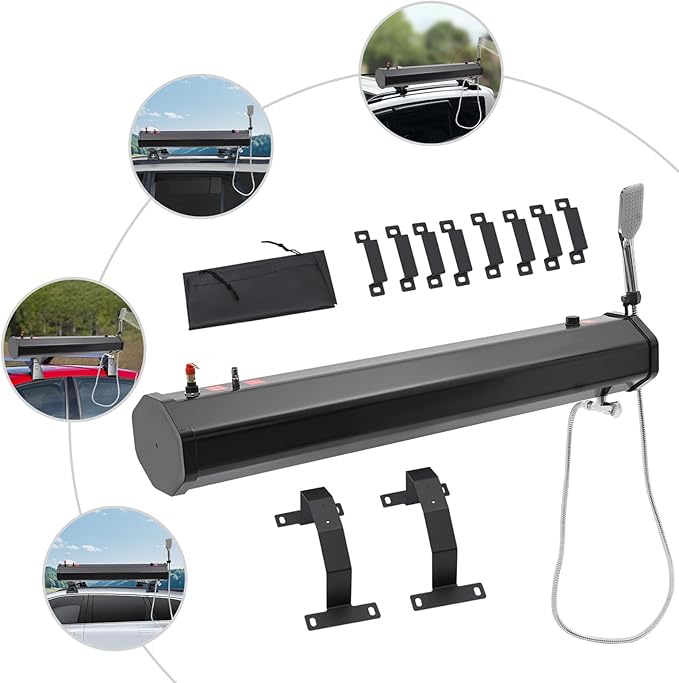 8Gal Pressurized Water Tank for Camping Shower Roof Rack Mount Road Shower with 5.58ft Water Pipe &amp Shower Headt Portable Camping Shower for Vehicle Truck SUV Sedan RV