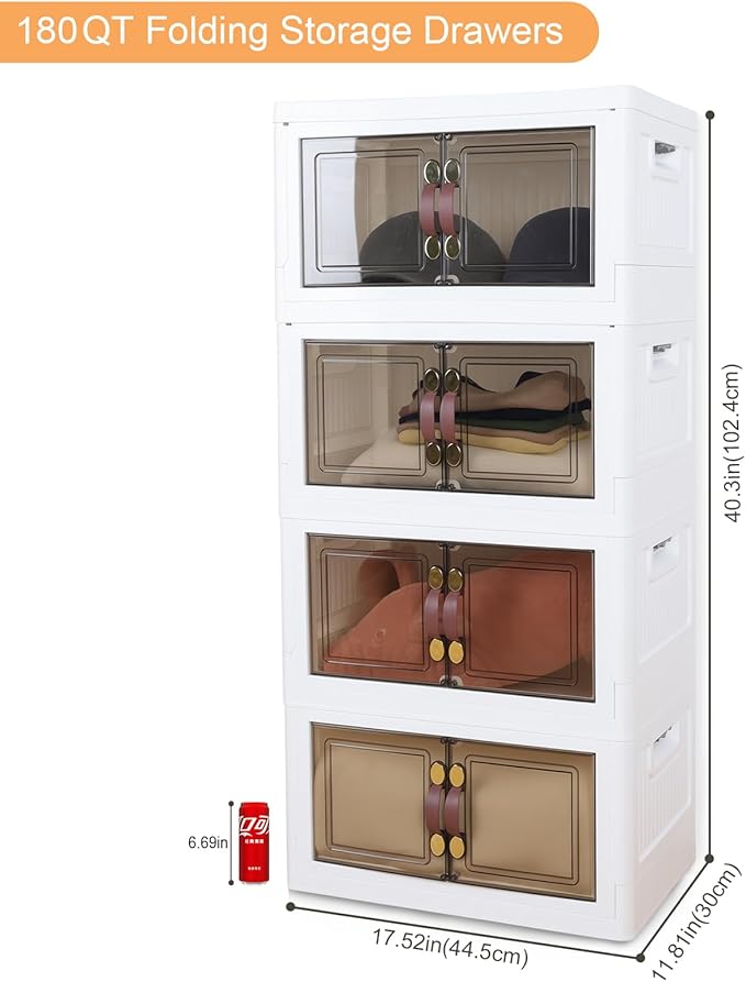 MOONEDGE 35QT Plastic Stackable Storage Bins with Lids Collapsible Organizer with Magnetic Doors &amp Hidden Locking Handles Storage Cabinet for Pet Closet Living Room Pantry &amp Office Organi