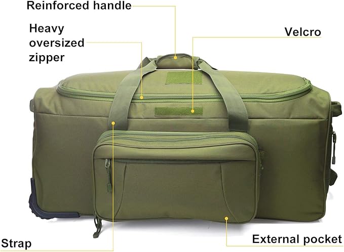 Military Wheeled Deployment Bag Large Tactical Heavy Duty Duffel Bag for Camping Hiking (Green)