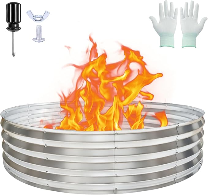 48 Inch Round Galvanized Fire Pit Ring Durable Steel Bonfire Ring for Backyard Patio &amp Camping Weatherproof &amp Quick Setup (4×4×1 FT)