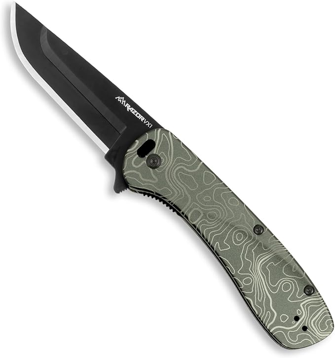 OUTDOOR EDGE RAZOR VX1 | Topo Map Etching | Replaceable Blade EDC Folding Pocket Knife | 3 Stainless Blade Green Anodized Aluminum Handle Reversible Pocket Clip | Cool Knife for Men