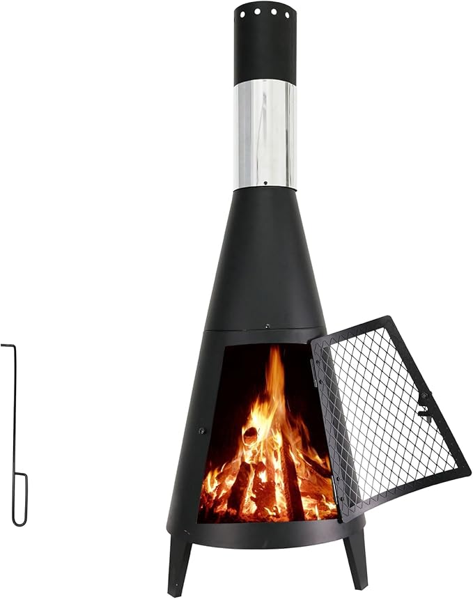 BDL Chiminea Outdoor Fireplace Outdoor Wood Burning Fire Pit Free Standing Fireplace with Log Grate Mesh Screen for Patio Backyard Garden-Black