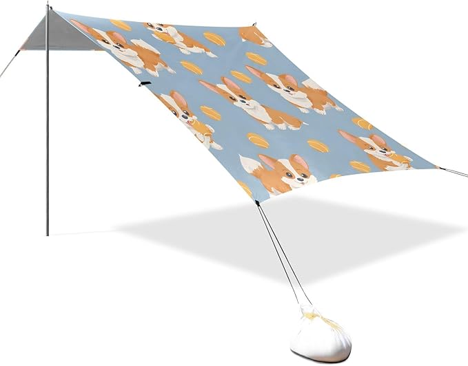 ALAZA Corgi Dog Ball Pattern Beach Tent Sun Shelter Portable Canopy Sunshade for Outdoor Camping Picnics Backyard Fun 10x9 ft