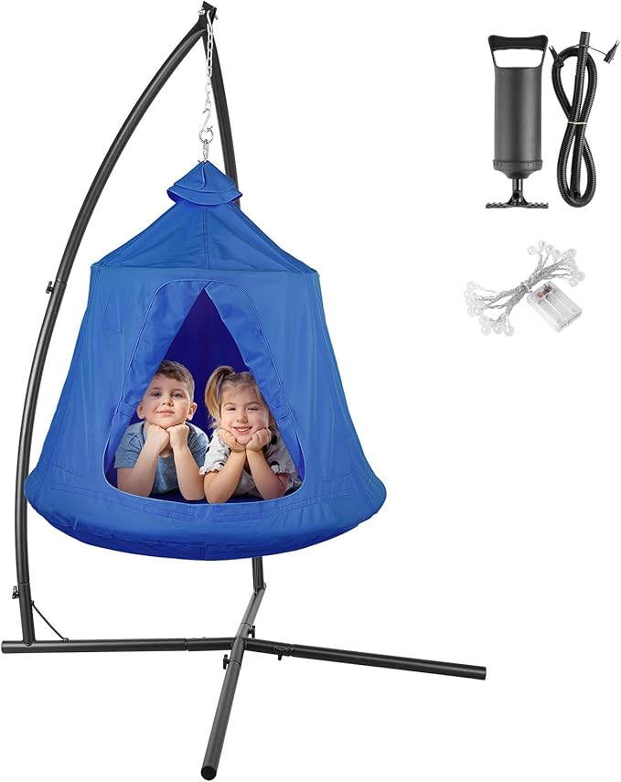 Arlopu Hanging Hammock X-Stand w/Tree Tent Indoor Metal Swing Chair w/Play Tent Outdoor Egg Basket Patio Seat Porch Bedroom Balcony Chair w/Adjustable Solid Stand (Blue)