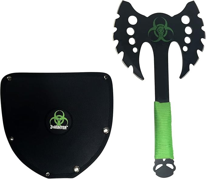 Z Hunter - Fantasy Axe - Black Stainless Steel Double Headed Axe w/Bio Hazard Graphic Black Stainless Steel Handle with Green Cord Wrap Full Tang Well Balanced Zombie Slayer - ZB-AXE12