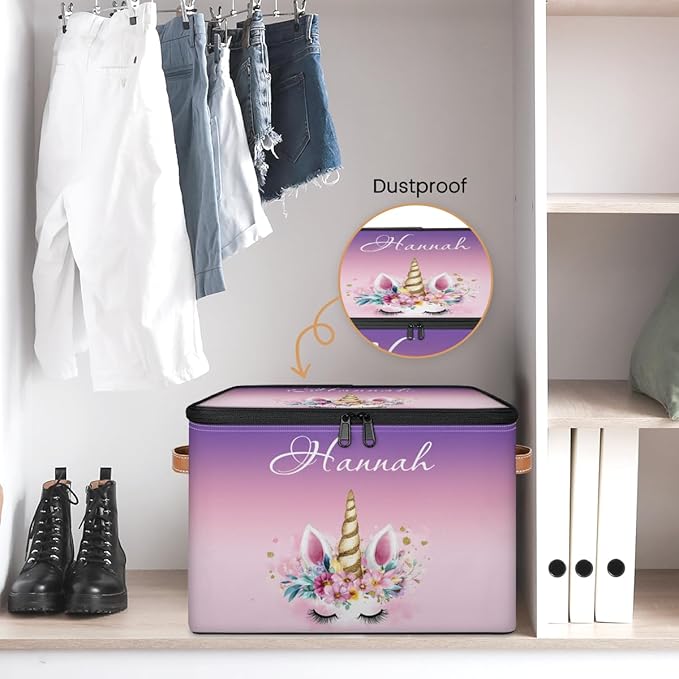 Custom Unicorns Storage Bins with Lid Foldable Personalized Storage Basket Boxes with Handle Shelf Basket Closet Organizer Cube