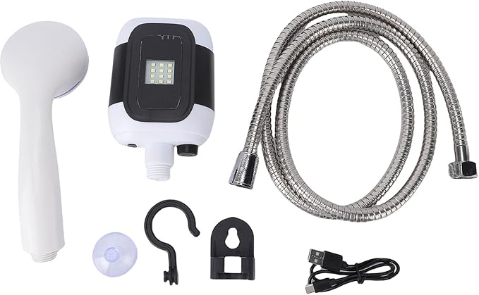 TARSHYRY Portable Camping Shower Built in Light and 2000mAh Battery for 30 Minutes Use Flexible Mounting System with Suction Cups and Hooks for Camping Hiking Travel Pet Washing
