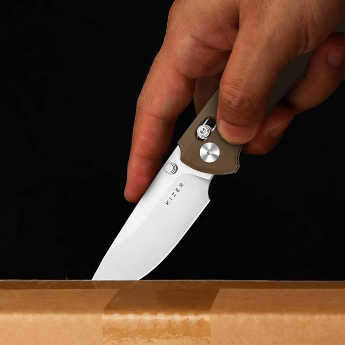 Kizer T1 CD EDC Pocket Knife 3.2 Nitro-V Steel Drop Point Folding Knives with Brown G10 Handle Sided Thumb Studs Opener Clutch Lock for Camping Hiking Fishing V3490.2CA2