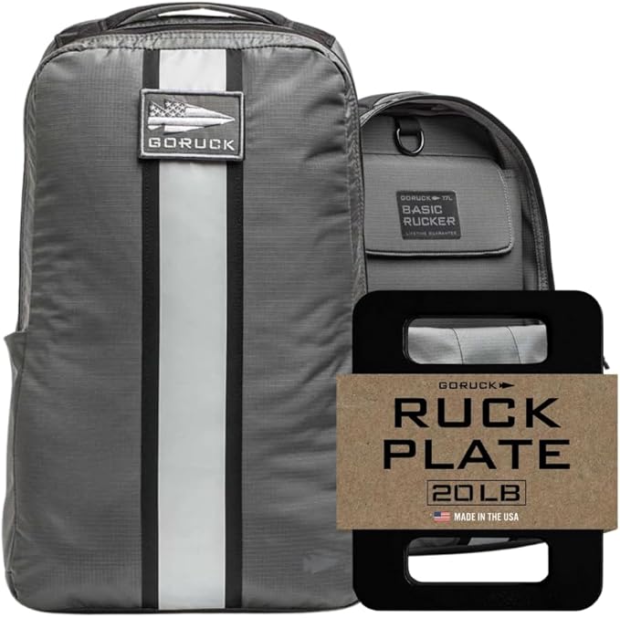 GORUCK Basic Rucker 17L Tactical Backpack (Armored Grey) Bundle with 20LB Ruck Plate – Durable Rucksack &amp MOLLE Daypack – Military Grade Training Gear for Hiking &amp Fitness
