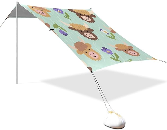 ALAZA Cartoon Highland Cattle Flowers Pattern Beach Tent Sun Shelter Portable Canopy Sunshade for Outdoor Camping Picnics Backyard Fun 10x9 ft