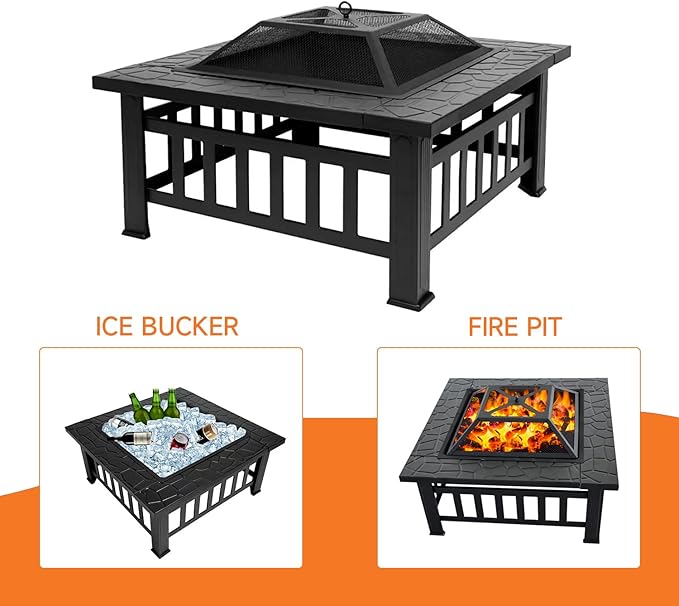 32 Fire Pit Table with Mesh Lid Wood Burning Fireplace/Firepit with Poker and Accessories