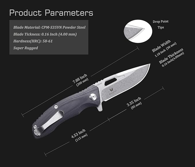 Tactical Folding Knife - CPM S35VN Steel G10 Handle - Plump Linear Blade Design - Great for Outdoor Survival Camping Hunting Ideal Gifts for Men. Eagleye Series