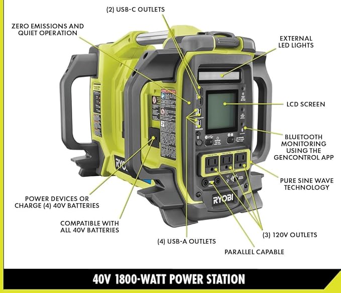 RYOBI 40V 1800-Watt Portable Battery Power Station Inverter Generator (Tool ONLY- Batteries NOT Included)