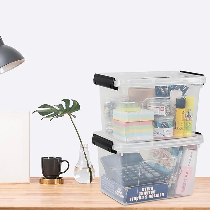 6 Quart Clear Organizer Bin with Lid Set of 4 Plastic Latching Storage Box