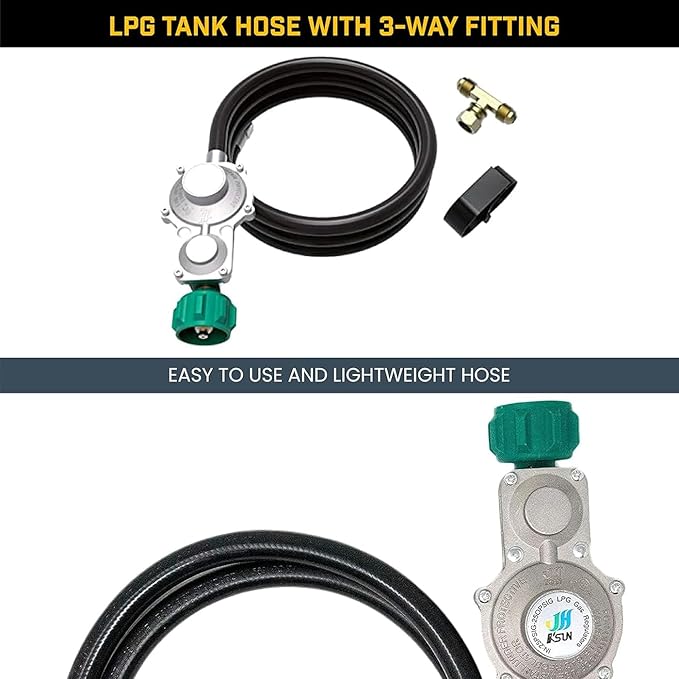 Firman 1810 LPG Tank Hose with 3-Way Fitting Integrated Regulator LP T Splitter &amp Hook and Loop Strap for Dual Fuel &amp Tri-Fuel Generators 5-Foot Hose for Extended Run Time Prevents Tank