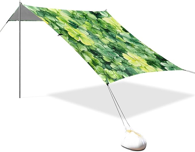 xigua St. Patrick's Day Clover Beach Tent Sun Shelter with Carrying Bag - Silver Coated Oxford Fabric Beach Canopy for Beach Camping Fishing - Includes Windproof Ropes Sandbags &amp Stakes